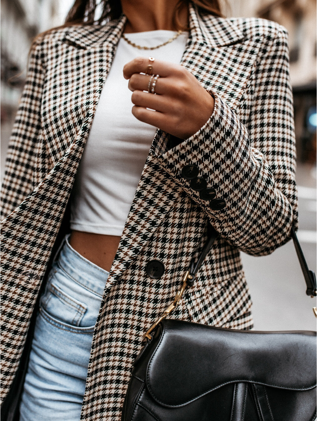 Women’s Plaid Longline Blazer Jacket – Slim Fit, Suit Collar - 3KDyn